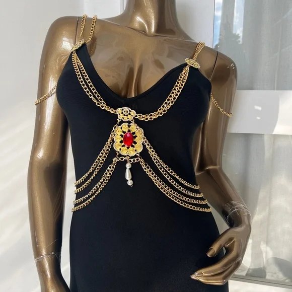 Brand New! Elegant Black Dress with Gold Accents - Picture 2 of 10